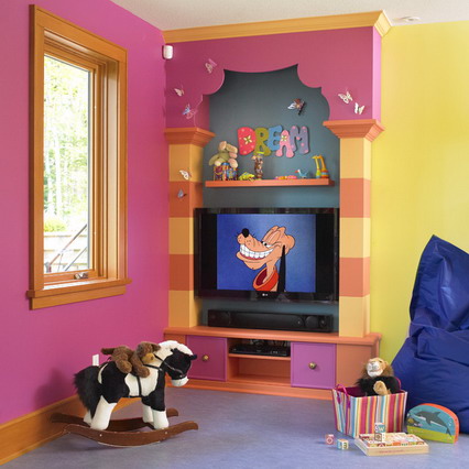 Yellow-and-Pink-Theme-Decoration-with-TV-Unit-Furniture-in-Modern-Kids-Bedroom-Paint-Decorating-Designs-Ideas